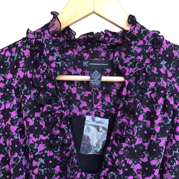 INC International Concepts Silk Floral Short Ruffle Trim Puff Sleeve Blouse New - Picture 6 of 6